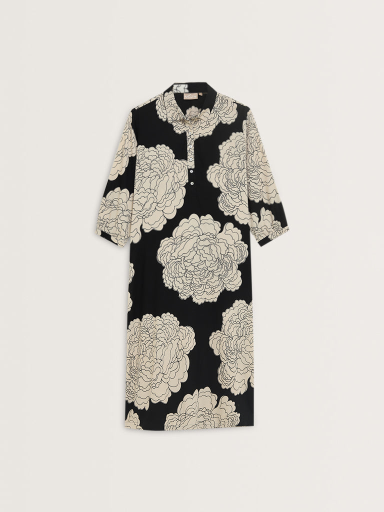 Utsa Black Floral Printed A-Line Kurta