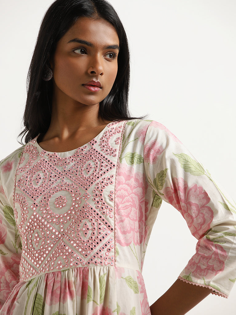 Utsa Pink Floral Design A-Line Cotton Kurta