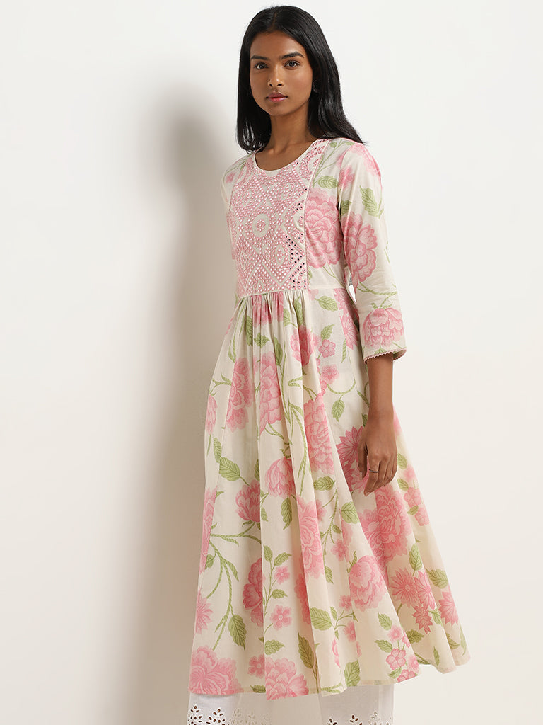 Utsa Pink Floral Design A-Line Cotton Kurta