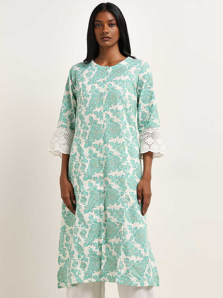 Utsa Aqua Floral Printed A-Line Cotton Blend Kurta