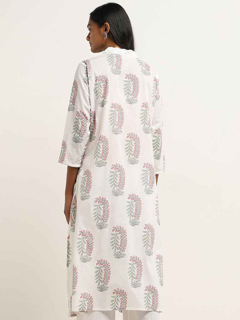 Utsa White Foliage Printed A-Line Cotton Kurta