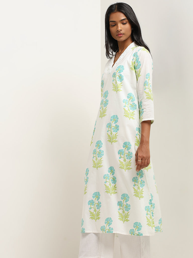 Utsa Turquoise Floral Patterned A-Line Cotton Kurta