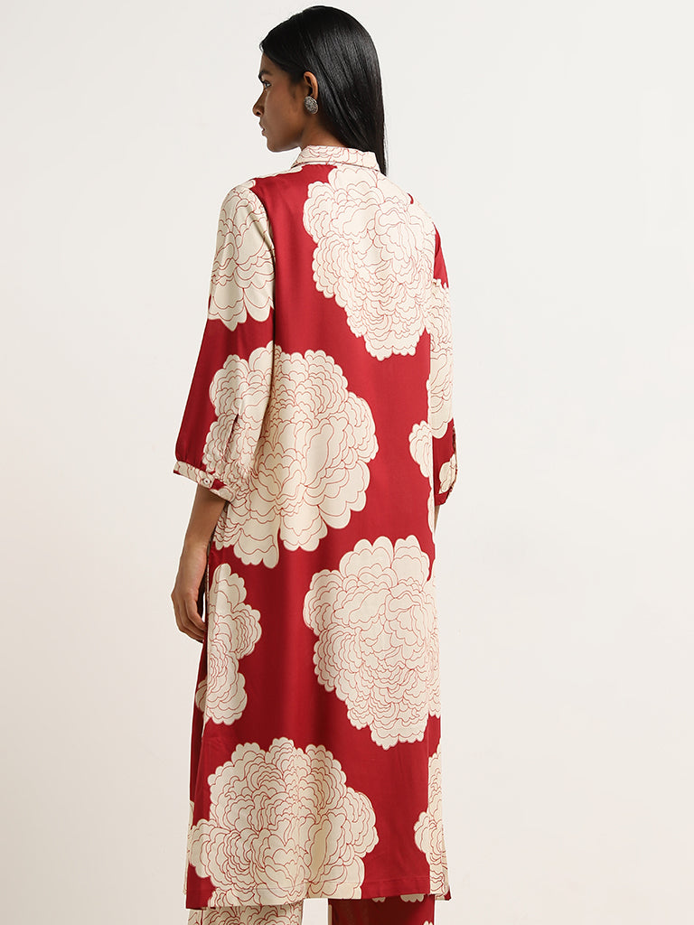 Utsa Red Floral Printed A-Line Kurta