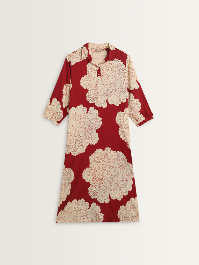 Utsa Red Floral Printed A-Line Kurta