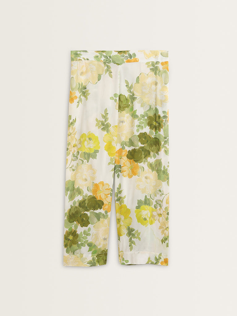 Diza Yellow Floral Printed Mid Rise Ethnic Pants