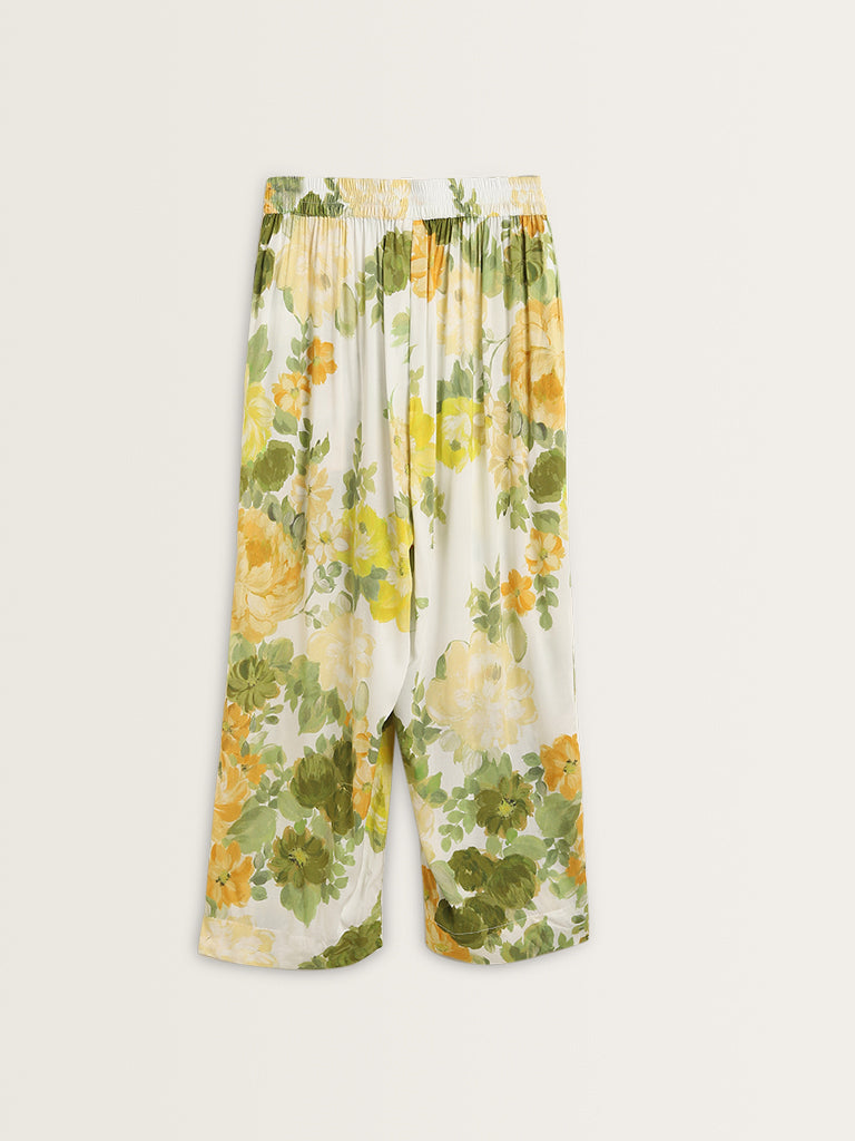 Diza Yellow Floral Printed Mid Rise Ethnic Pants