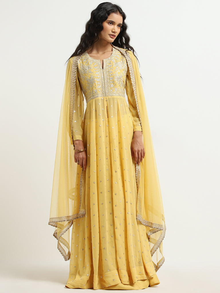 Buy Vark Yellow Embellished Kurta, Skirt and Dupatta Set from Westside