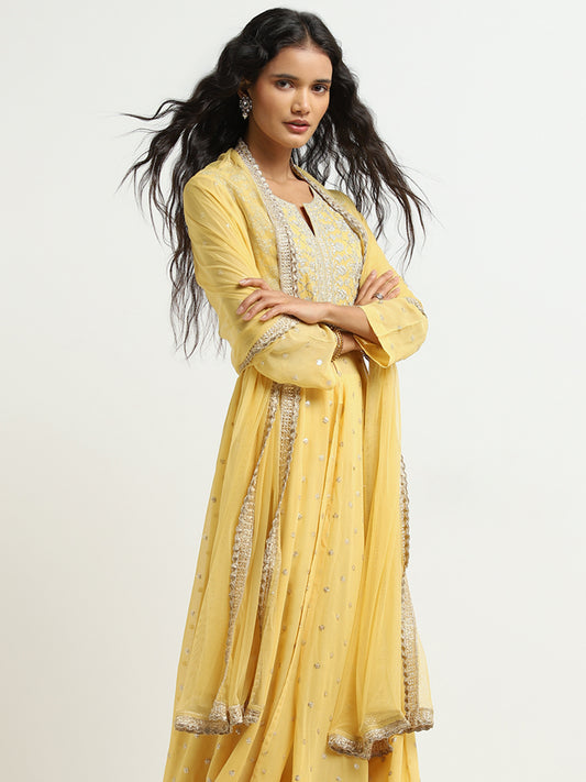 Vark Yellow Embellished Kurta, Skirt and Dupatta Set