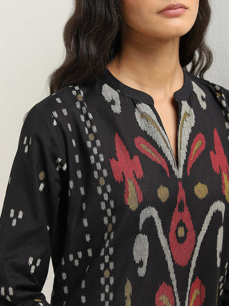 Utsa Black Ikat Printed Cotton A-Line Kurta