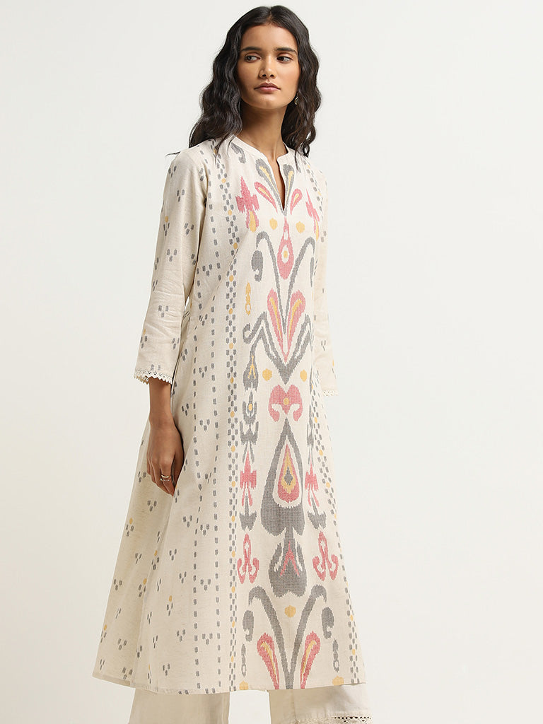 Utsa Beige Ikat Printed Cotton A-Line Kurta