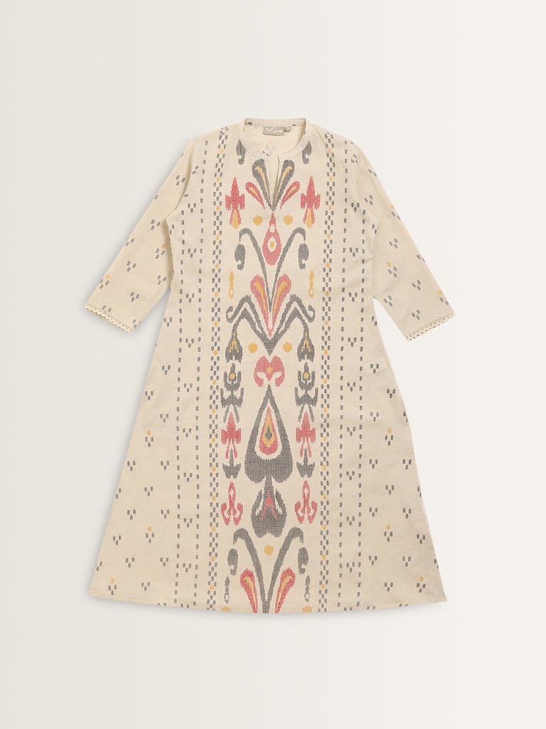 Utsa Beige Ikat Printed Cotton A-Line Kurta