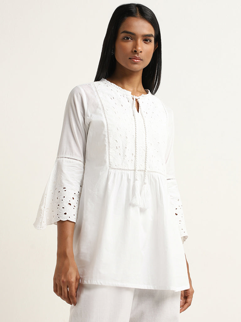 Utsa White Schiffli Design A-Line Cotton Kurti