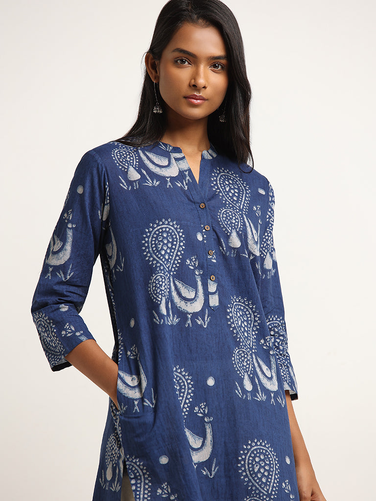 Utsa Blue Straight-Fit Printed Cotton Kurta