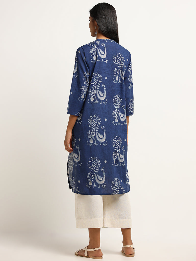 Utsa Blue Straight-Fit Printed Cotton Kurta