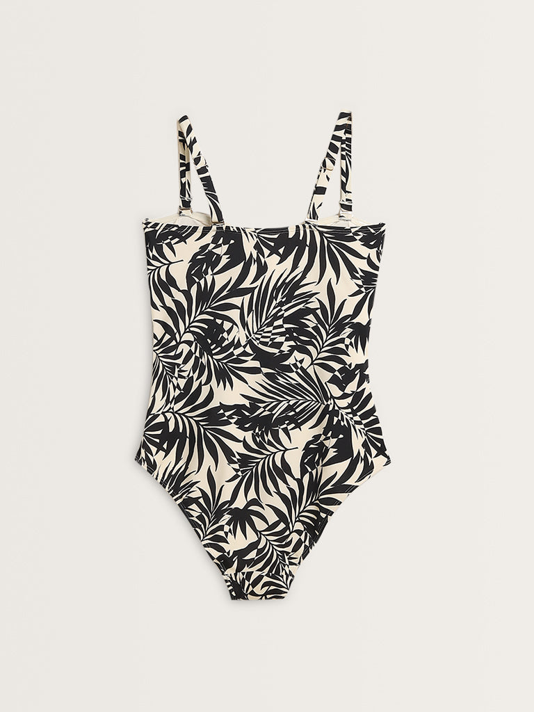 Wunderlove Swimwear Black Leaf Print Wundersculpt Bandeau Swimsuit