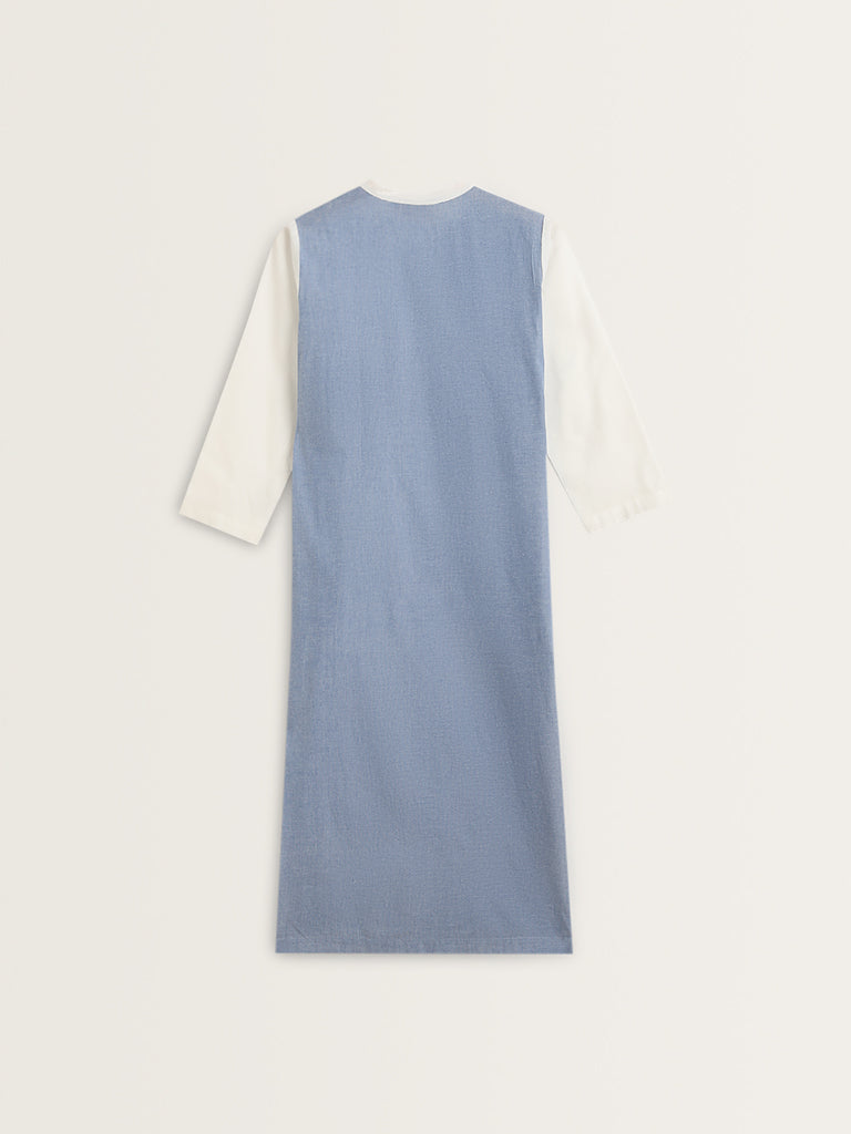 Utsa Blue Handloom-Inspired Straight Cotton Kurta