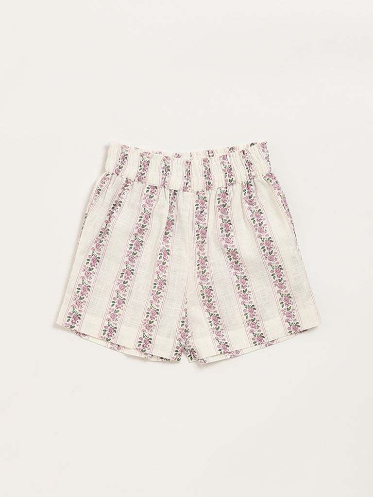 Utsa Kids Off-White Ditsy Floral Cotton Shorts - (2 -8yrs)