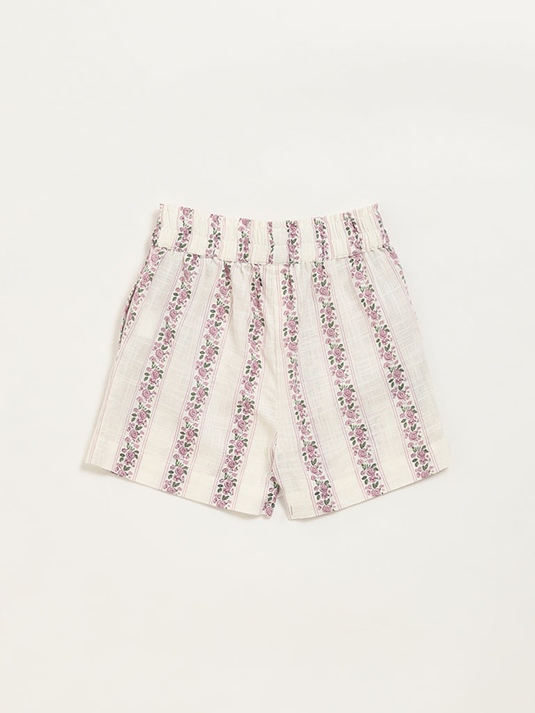 Utsa Kids Off-White Ditsy Floral Cotton Shorts - (2 -8yrs)