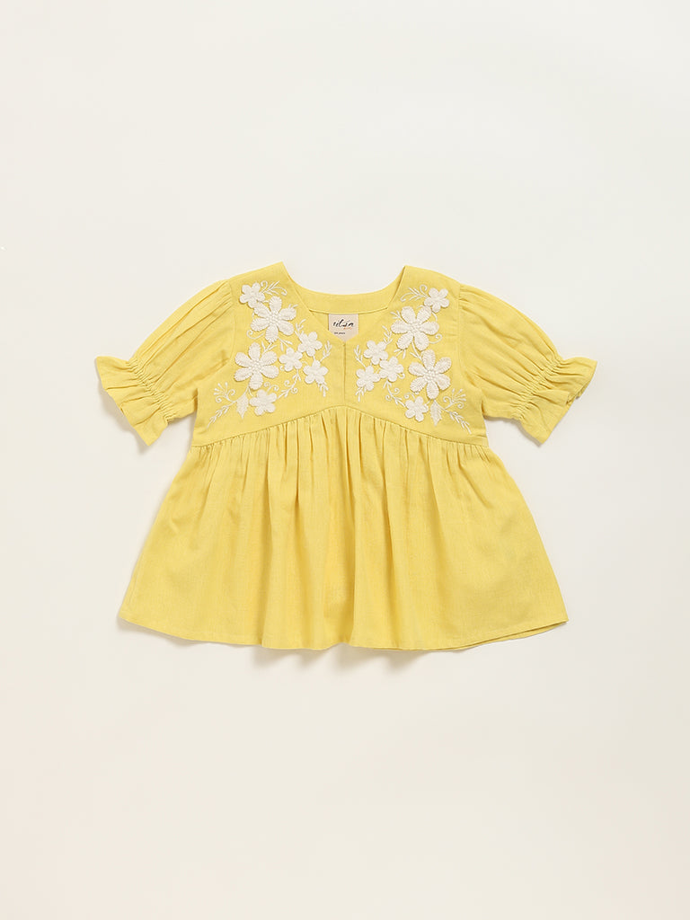 Utsa Kids Yellow Embroidered Cotton Blend Empire Dress - (2 -8yrs)