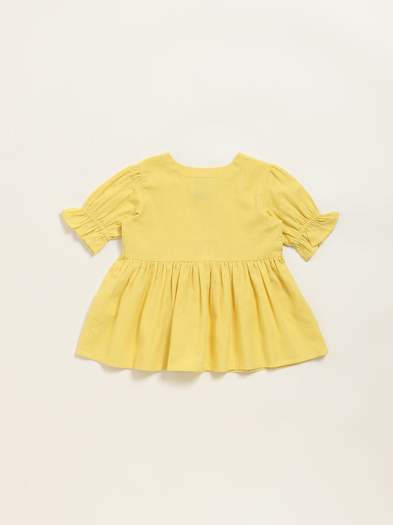 Utsa Kids Yellow Embroidered Cotton Blend Empire Dress - (2 -8yrs)