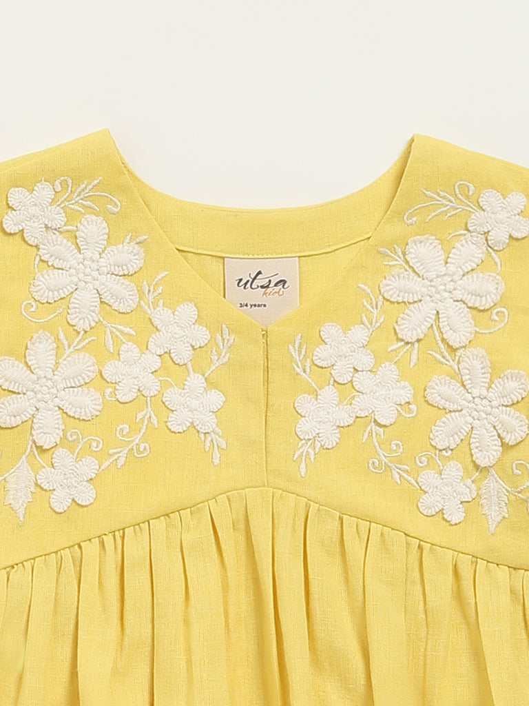 Utsa Kids Yellow Embroidered Cotton Blend Empire Dress - (2 -8yrs)