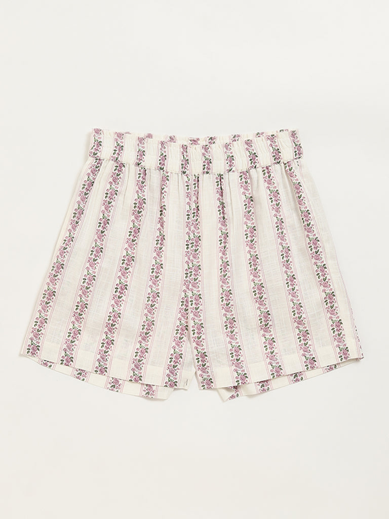 Utsa Kids Off-White Ditsy Floral Cotton Shorts - (8 -14yrs)