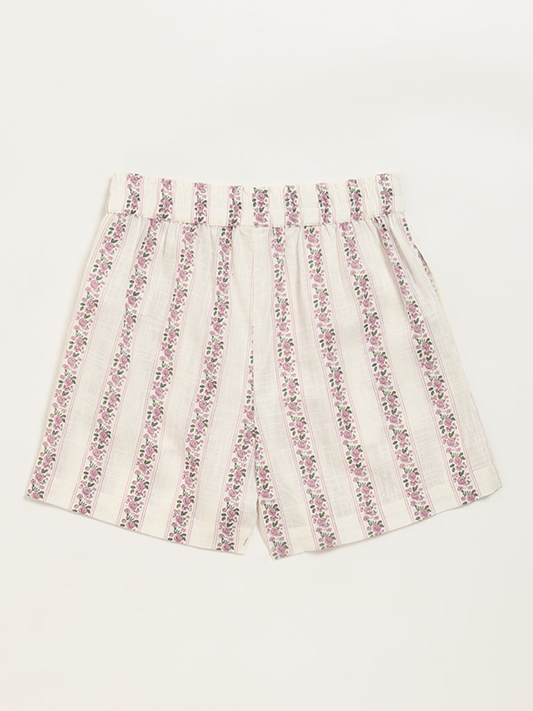 Utsa Kids Off-White Ditsy Floral Cotton Shorts - (8 -14yrs)