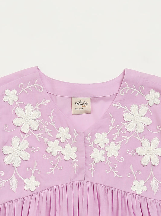 Utsa Kids Purple Floral Embroidered Empire-Line Cotton Dress (8 -14yrs)