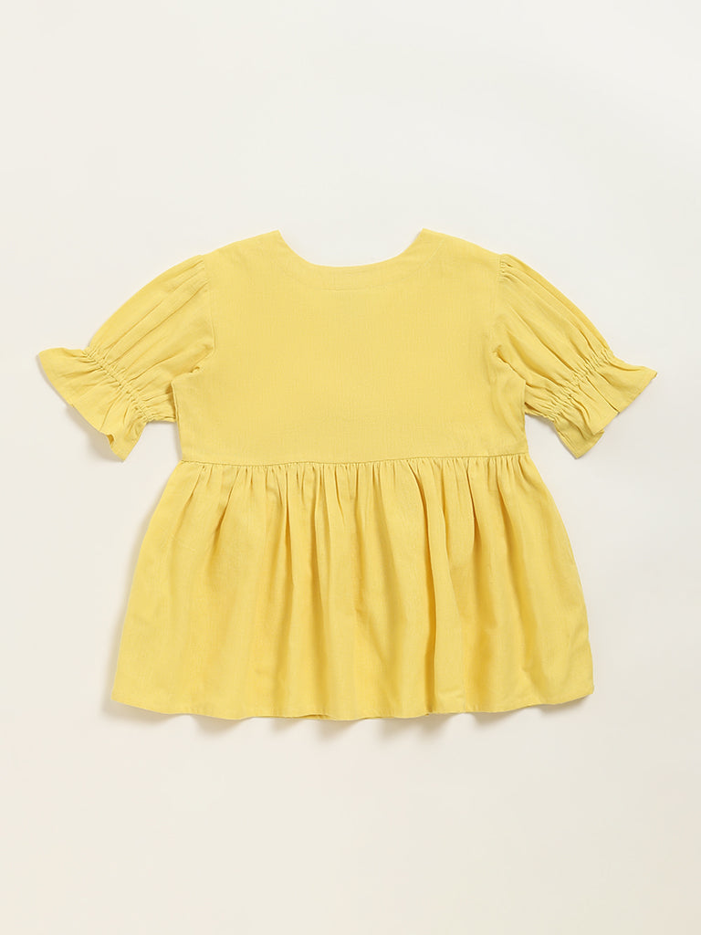 Utsa Kids Yellow Embroidered Cotton Blend Empire Dress - (8 -14yrs)