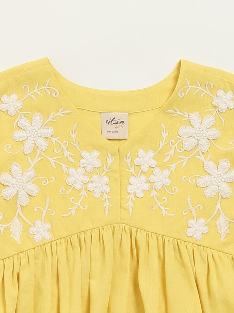 Utsa Kids Yellow Embroidered Cotton Blend Empire Dress - (8 -14yrs)