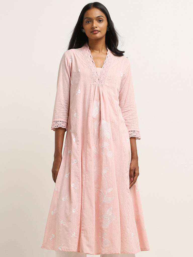 Utsa Light Pink Floral Embroidered Cotton Kurta