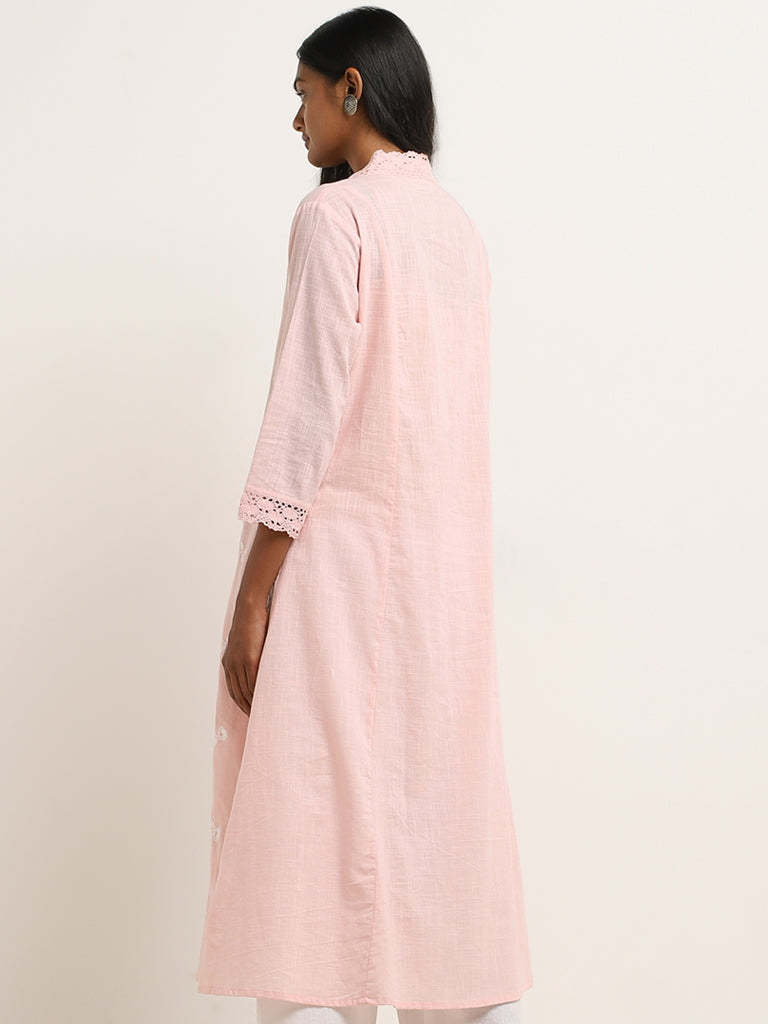 Utsa Light Pink Floral Embroidered Cotton Kurta