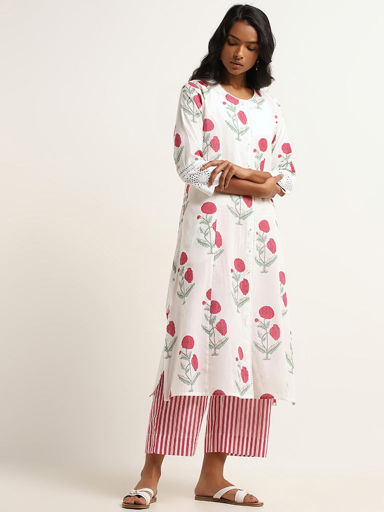 Utsa Pink Printed Straight-Fit Cotton Blend Kurta