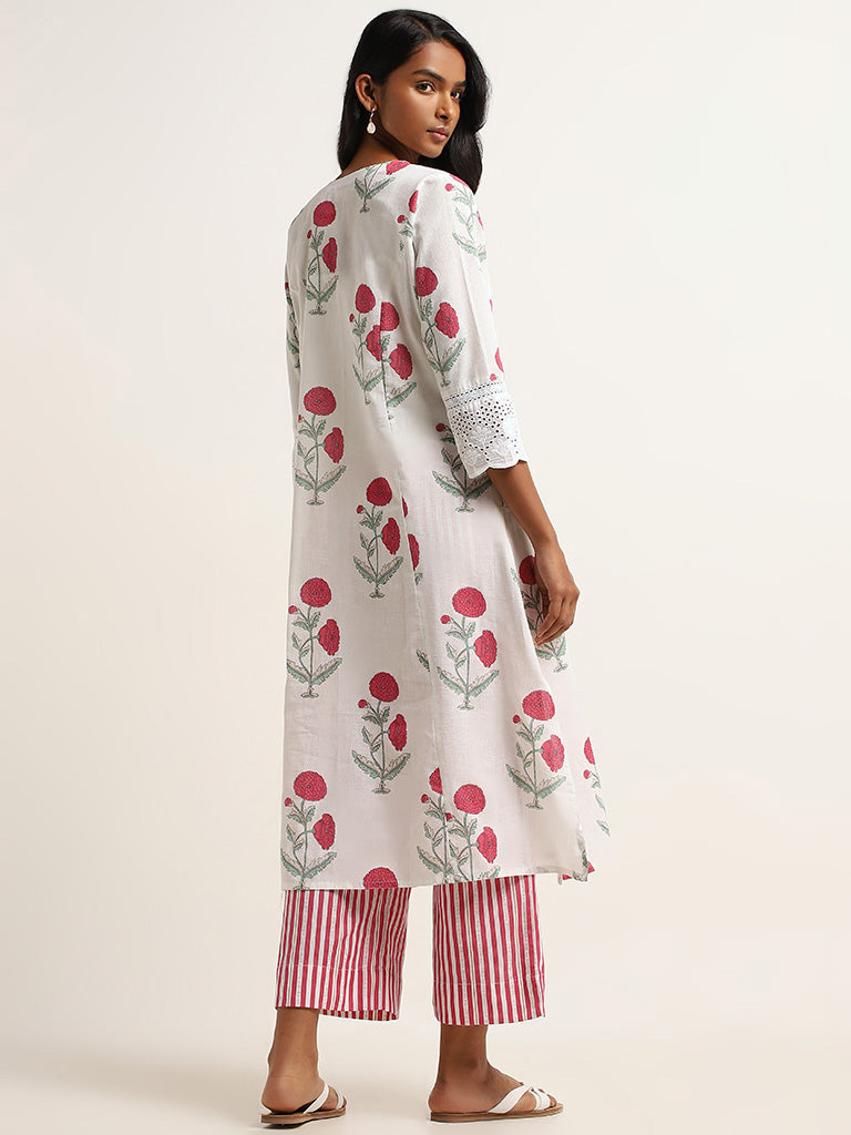 Utsa Pink Printed Straight-Fit Cotton Blend Kurta