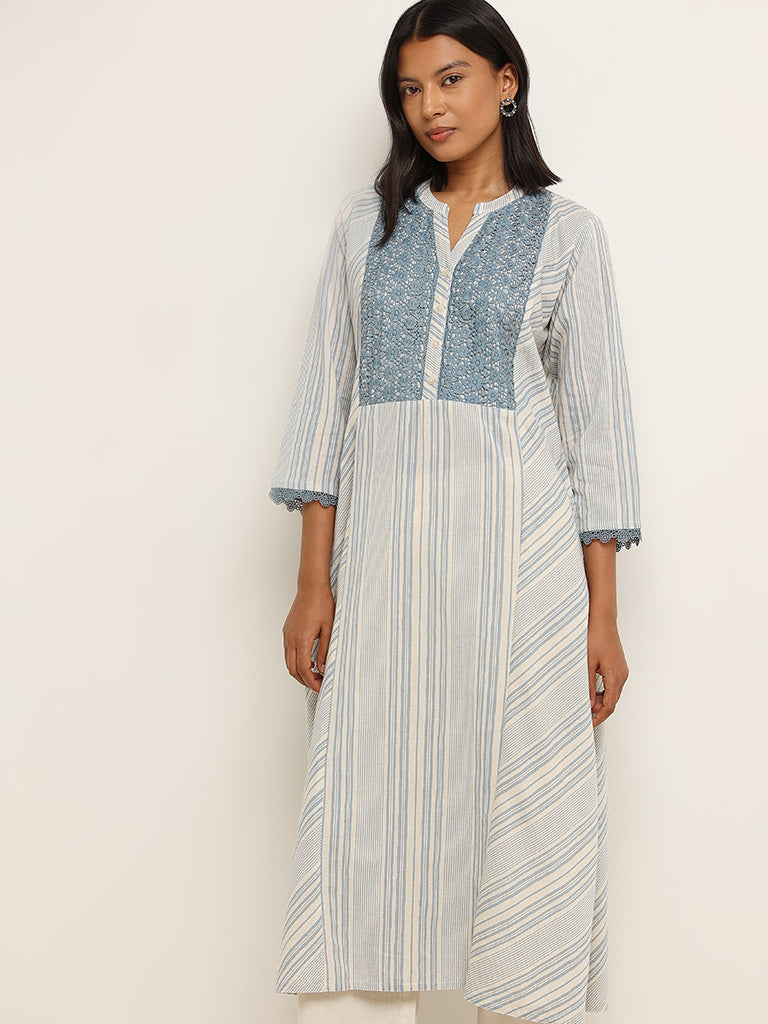 Utsa Blue Lace Design Blended Linen A-Line Kurta