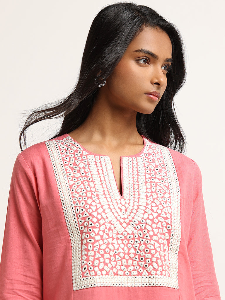 Utsa Pink Mirror Cotton Blend Embroidered Kurta