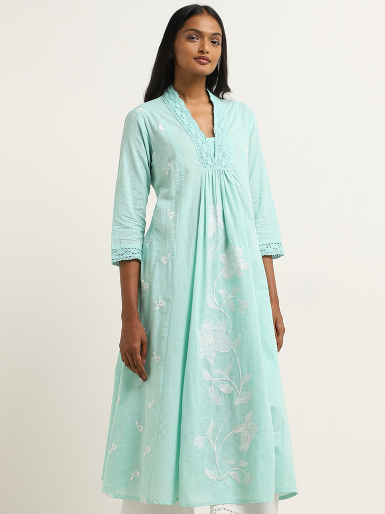 Utsa Turquoise Floral Embroidered A-Line Cotton Kurta