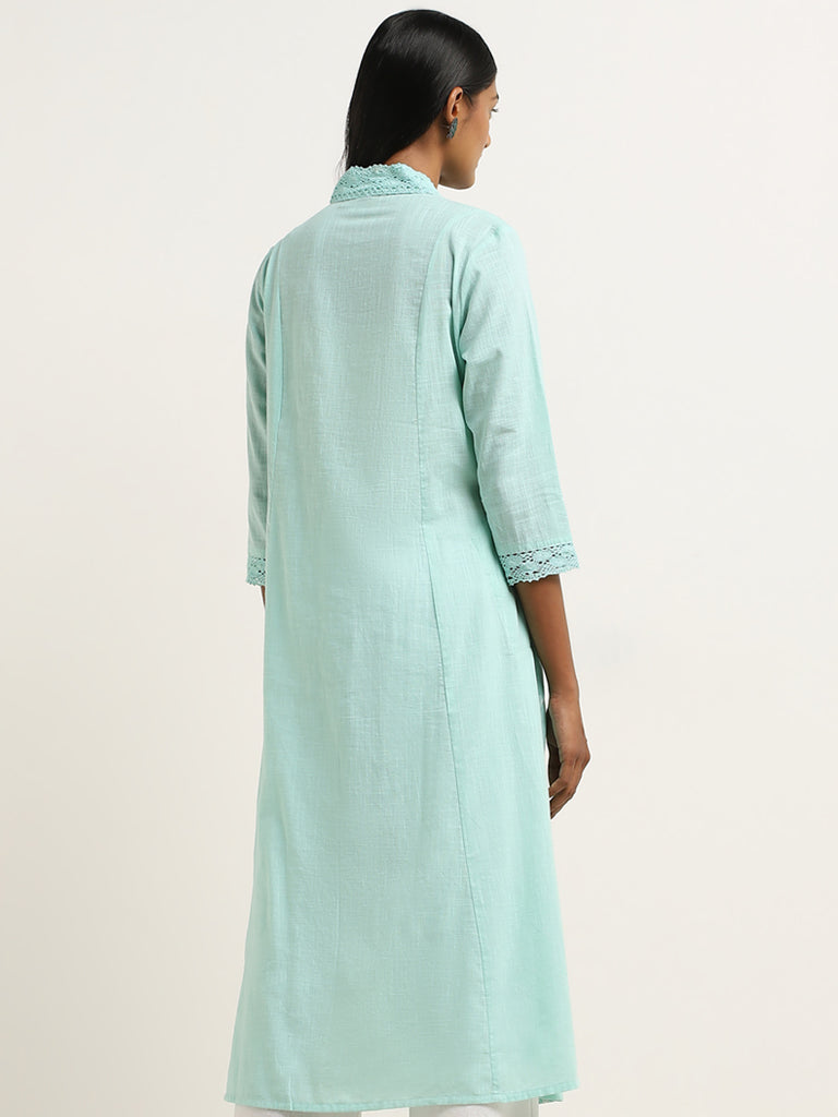 Utsa Turquoise Floral Embroidered A-Line Cotton Kurta