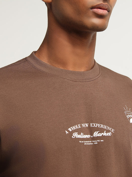 Nuon Brown Printed Slim Fit Cotton T-Shirt