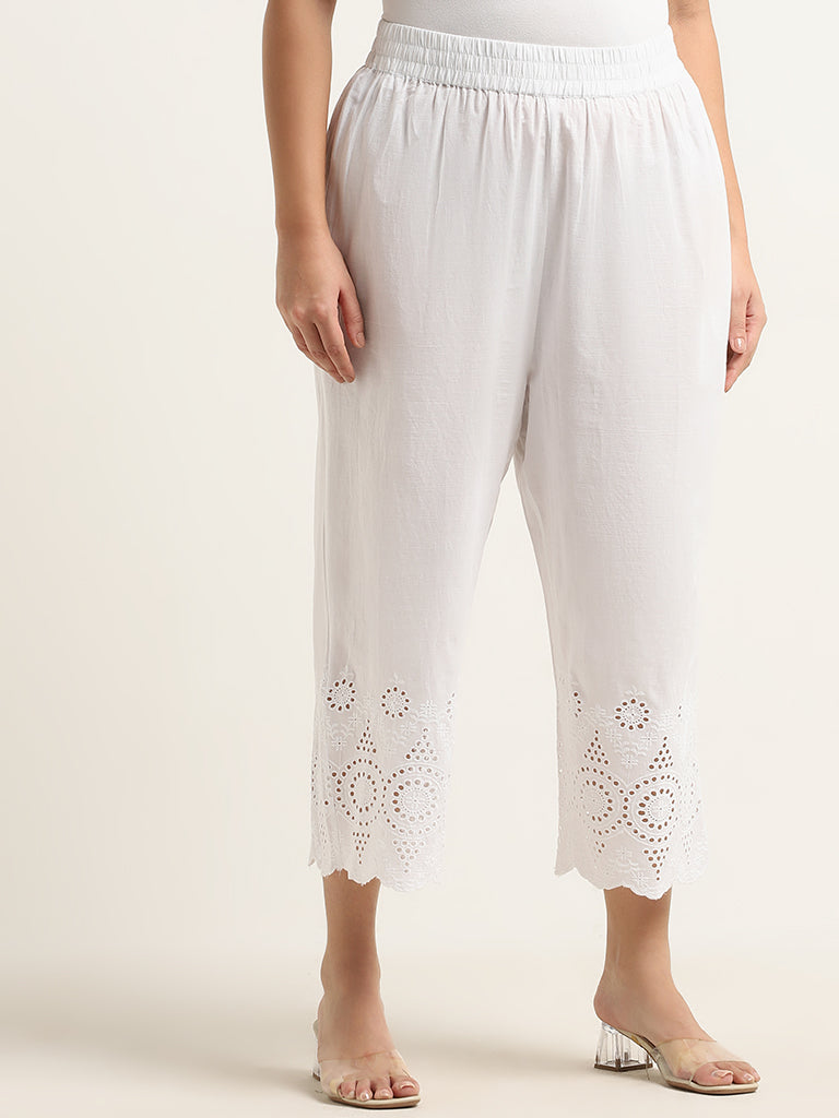 Diza Off-White High-Rise Cropped Ethnic Cotton Pants