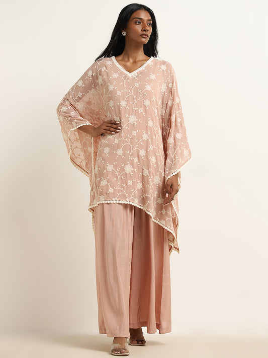 Vark Dull Pink Floral Embroidered Kaftan and Mid-Rise Palazzos Set
