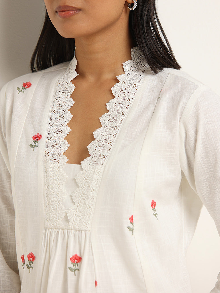 Utsa Off-White Lace Detailed Cotton A-Line Kurta