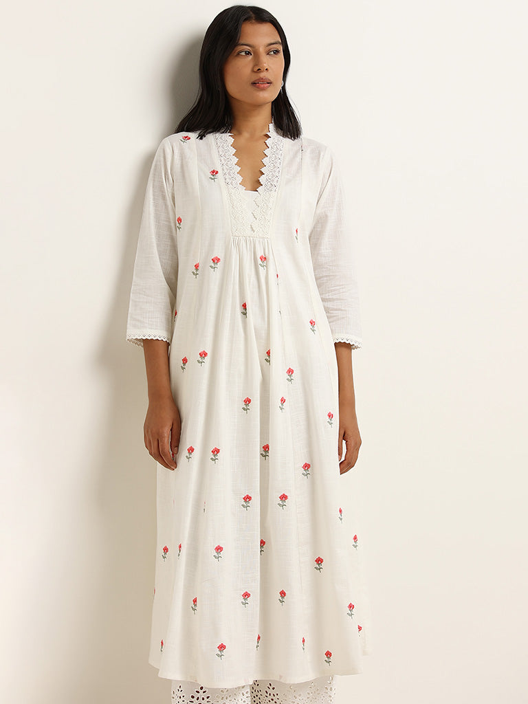 Utsa Off-White Lace Detailed Cotton A-Line Kurta