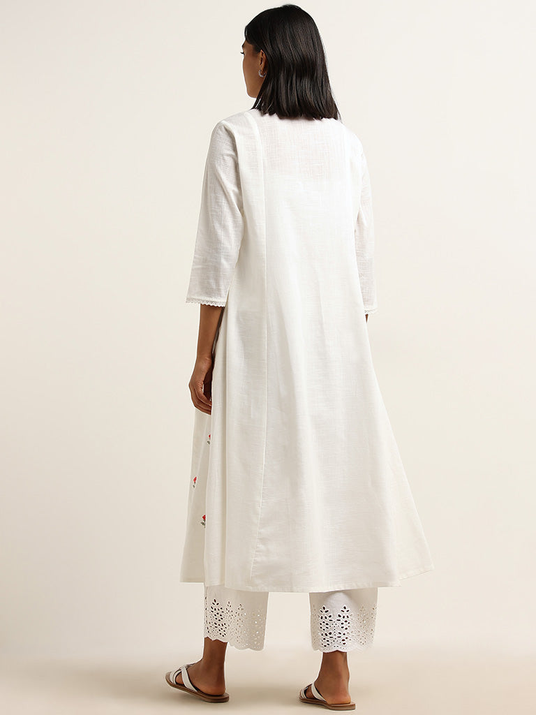 Utsa Off-White Lace Detailed Cotton A-Line Kurta