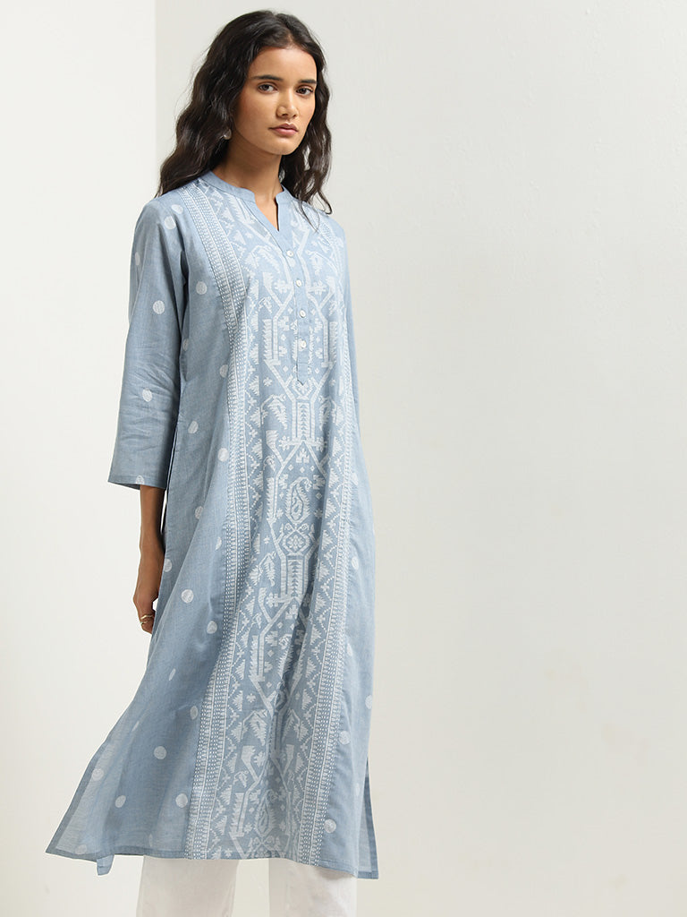 Utsa Dusty Blue Geometrical Design A-line Kurta