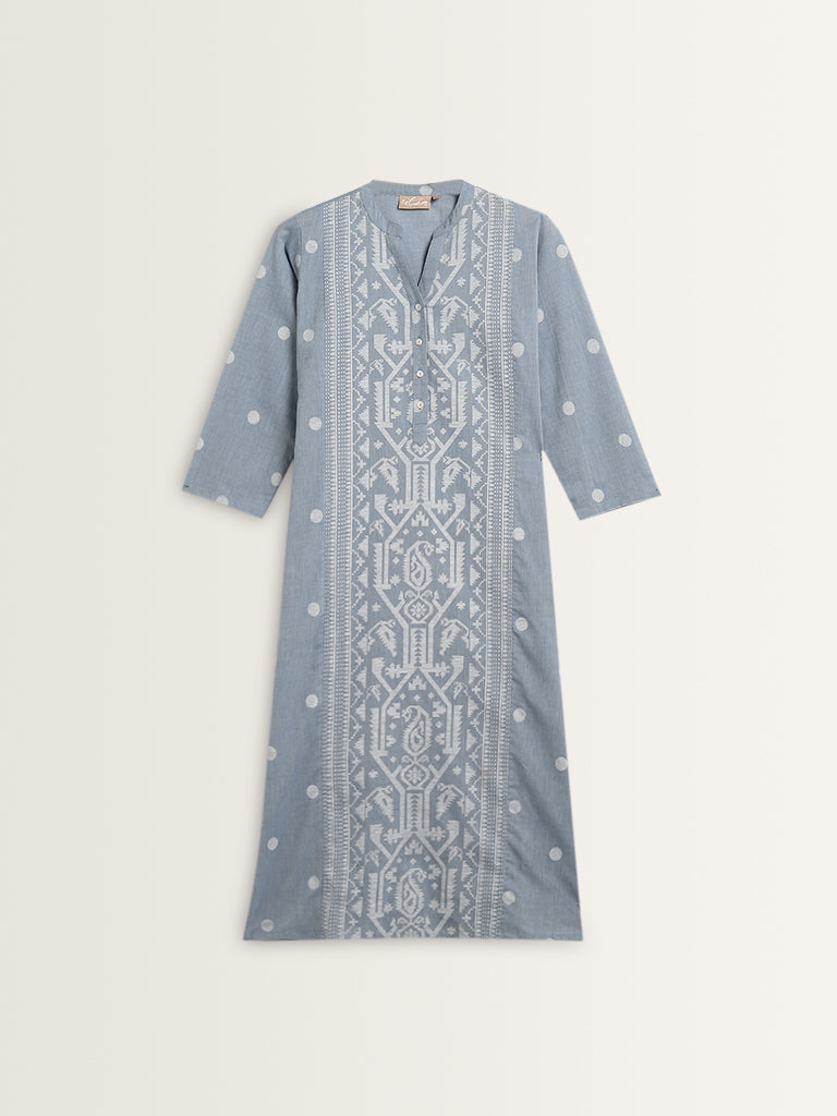 Utsa Dusty Blue Geometrical Design A-line Kurta