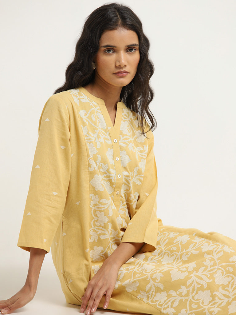 Utsa Yellow Floral Pattern A-Line Kurta