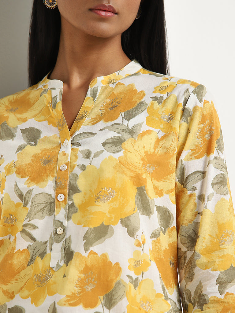 Utsa Yellow Floral Printed Straight Cotton Kurta