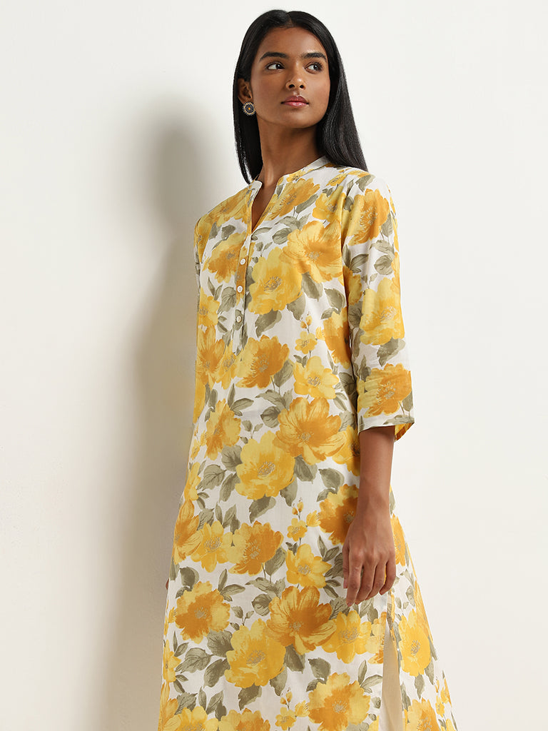 Utsa Yellow Floral Printed Straight Cotton Kurta