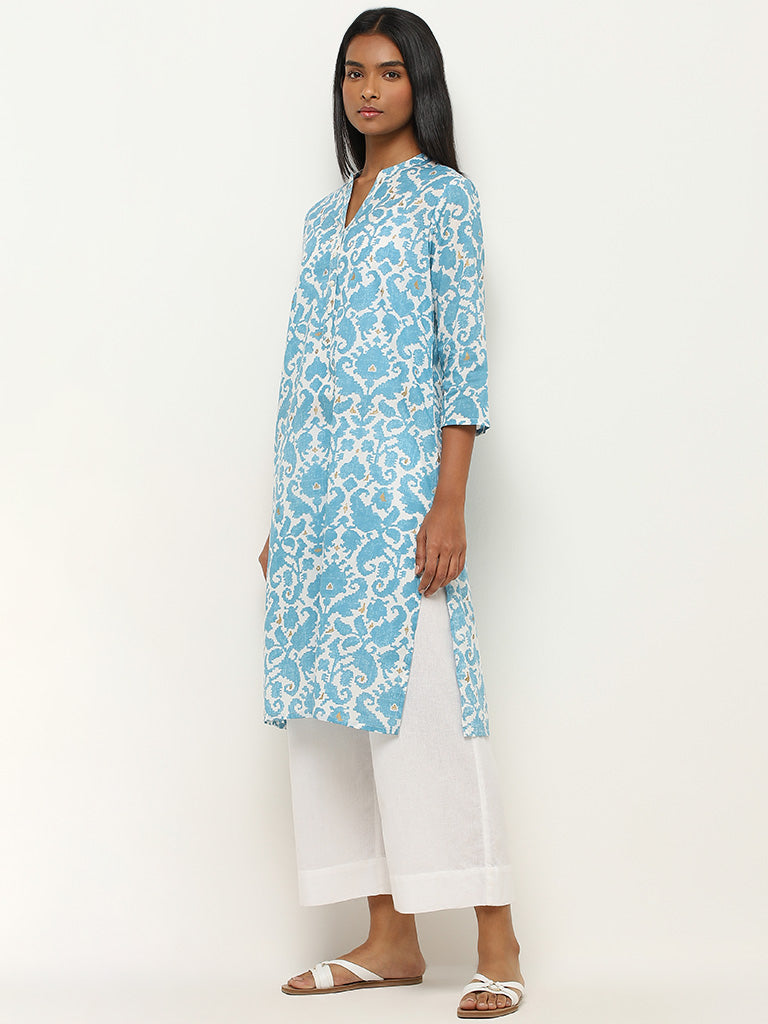 Utsa Blue Ikat Printed Straight Cotton Kurta